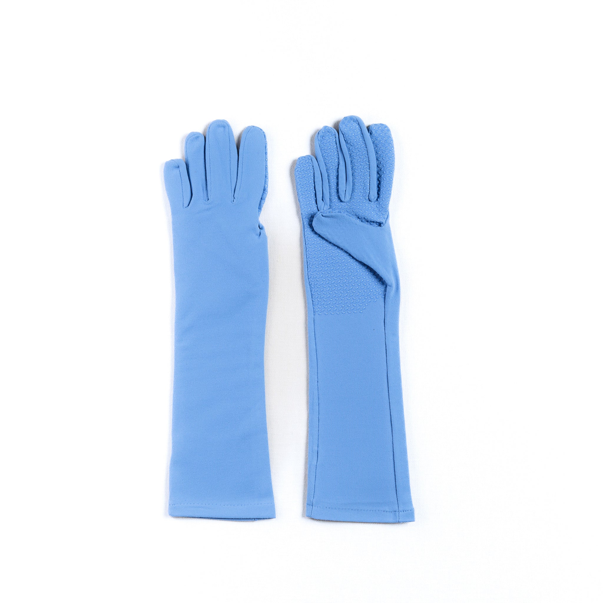 Pair of long elbow-length light blue gloves on a white background