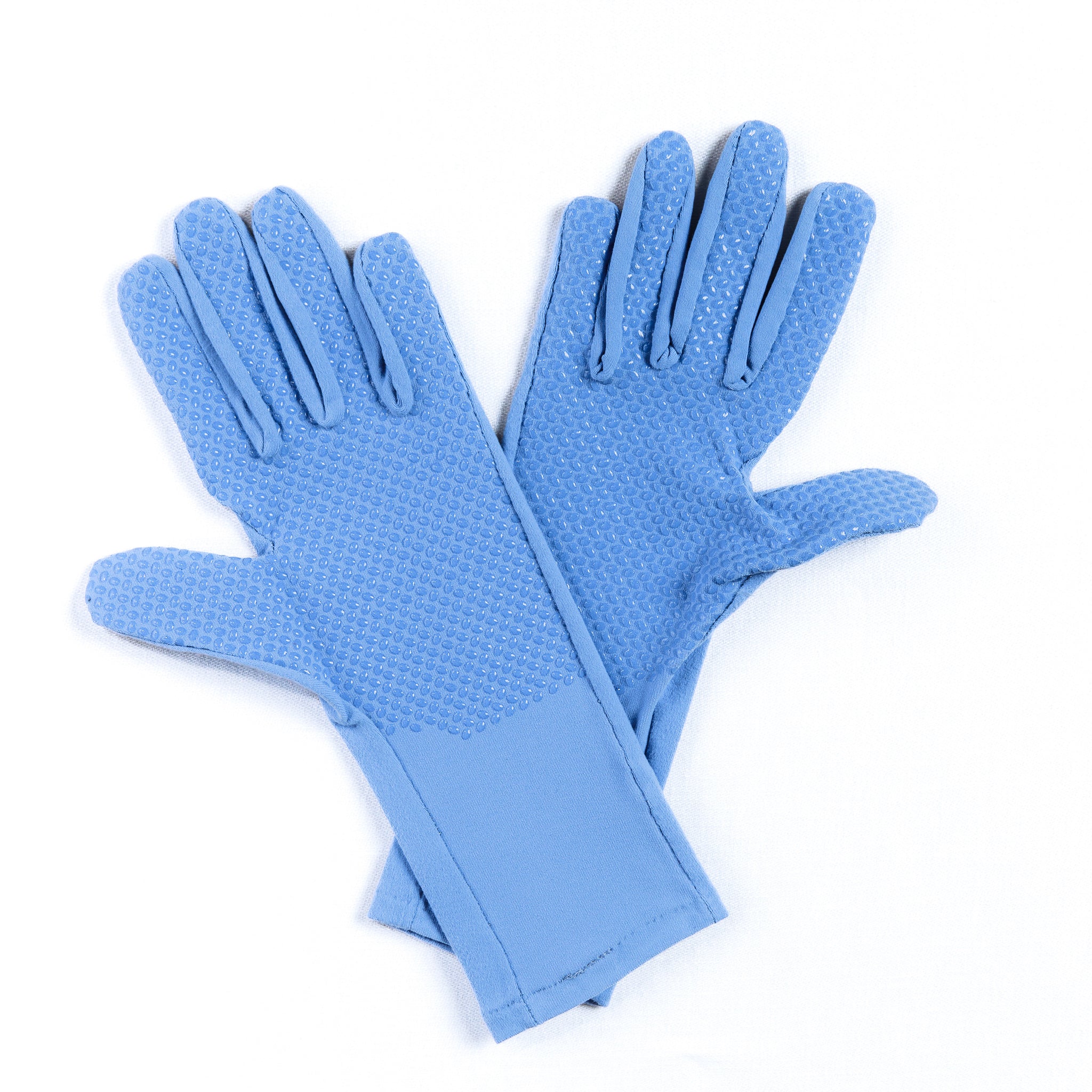 Pair of blue womens gardening gloves with grip palm on a white background
