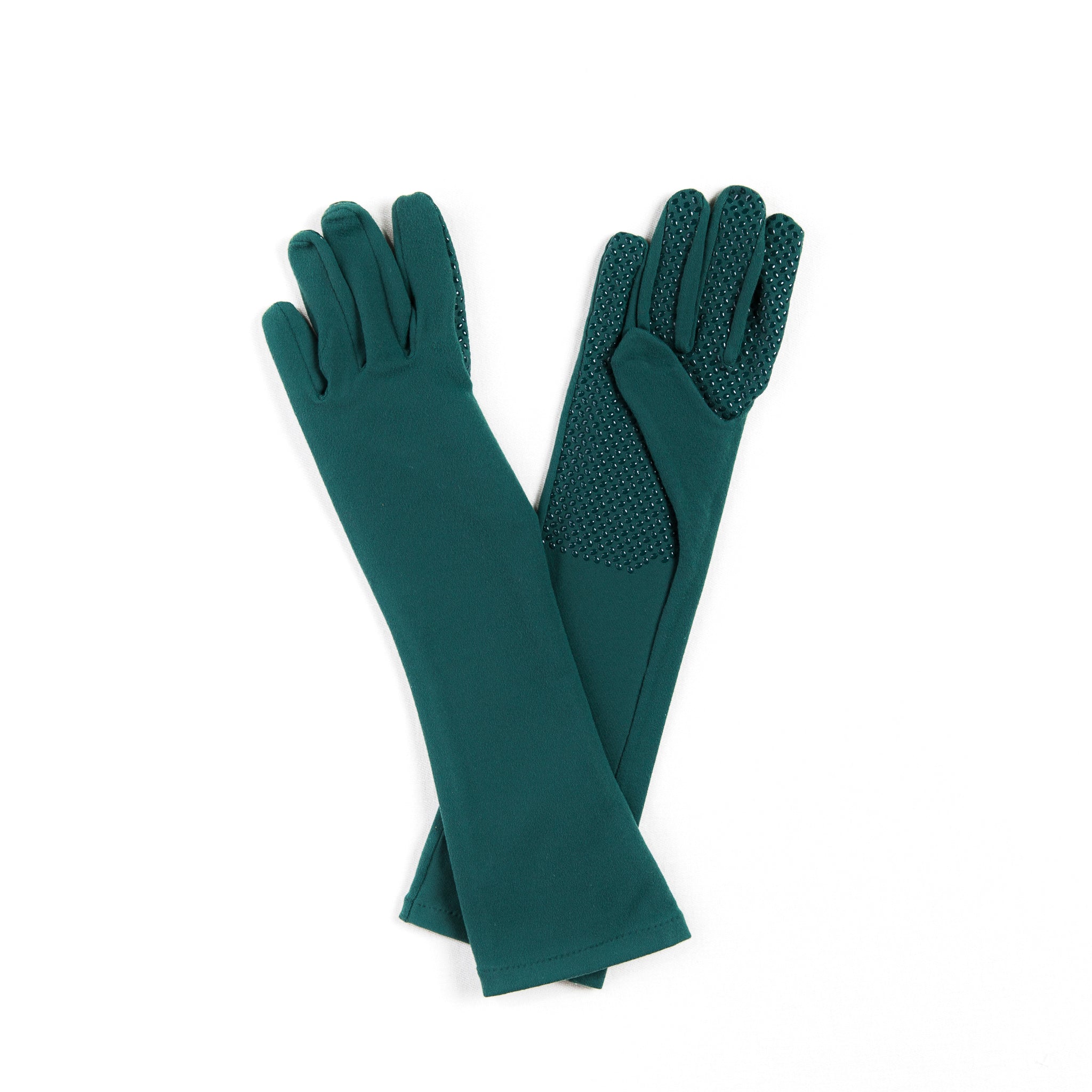 Pair of long grip teal gloves with textured palm on a white background, elbow-length gardening gloves with sleeves