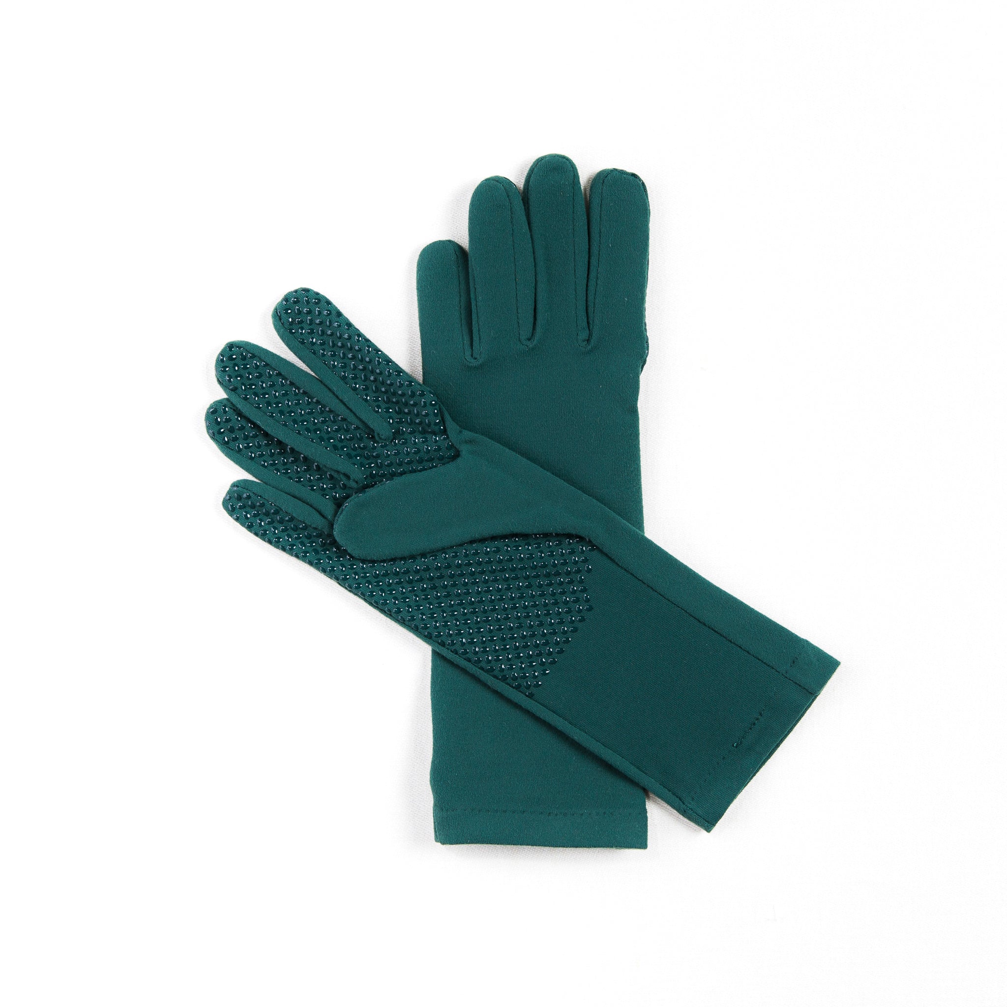Pair of teal gloves with textured grippy palm on a white background