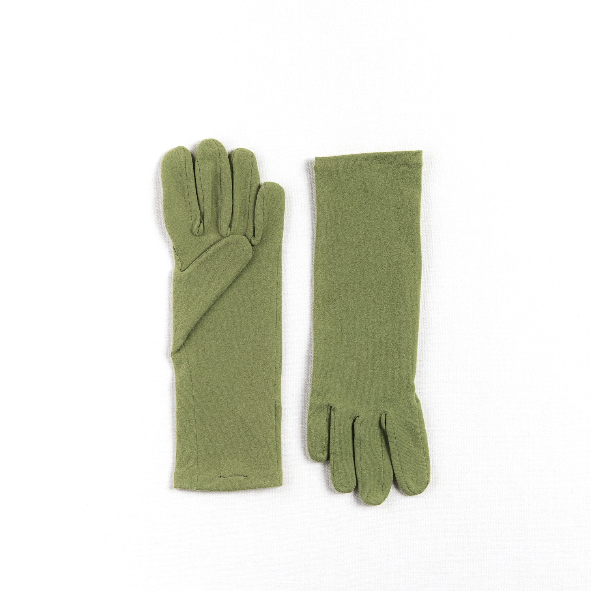 Pair of sage green gardening gloves on a white background
