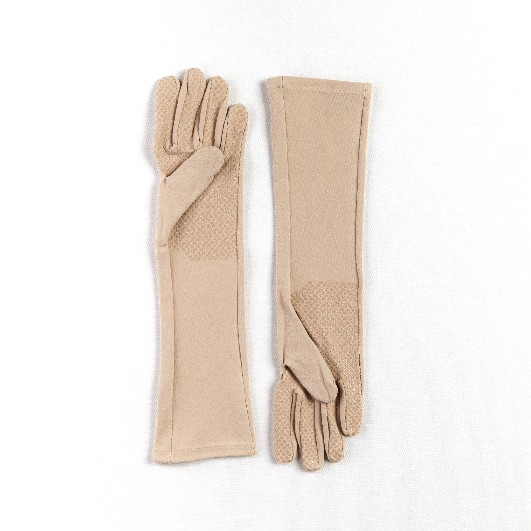Pair of beige womens gardening gloves with long sleeves and a grip palm