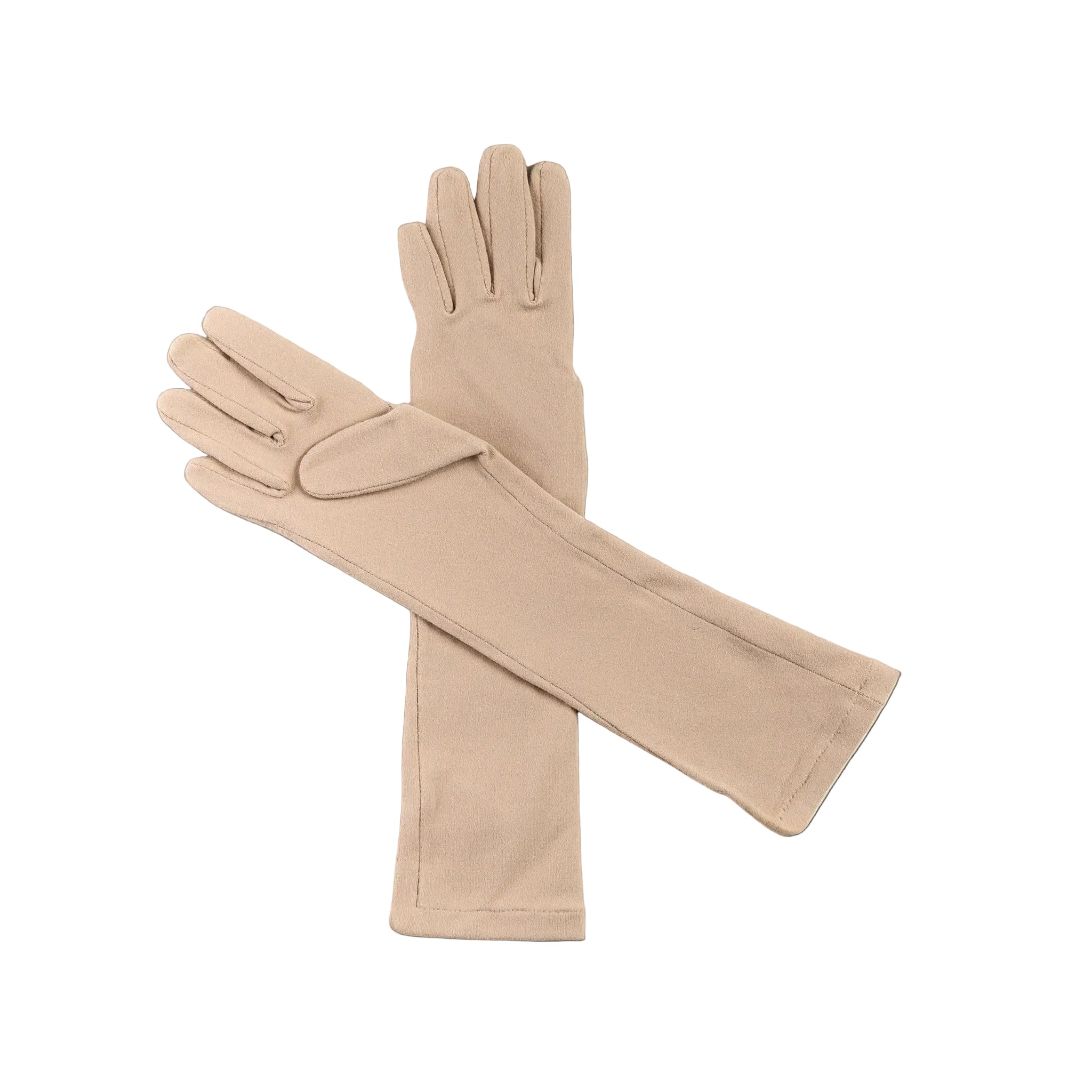 Pair of long elbow-length beige womens gardening gloves with grip palm on a white background