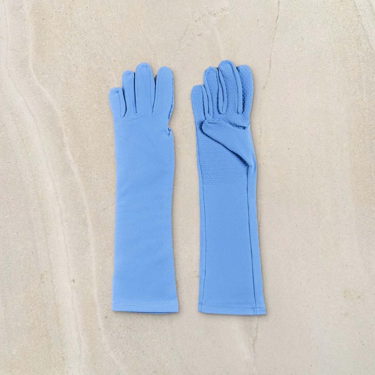 higarden high rise gardening gloves in dewdrop blue, flat lay on limestone