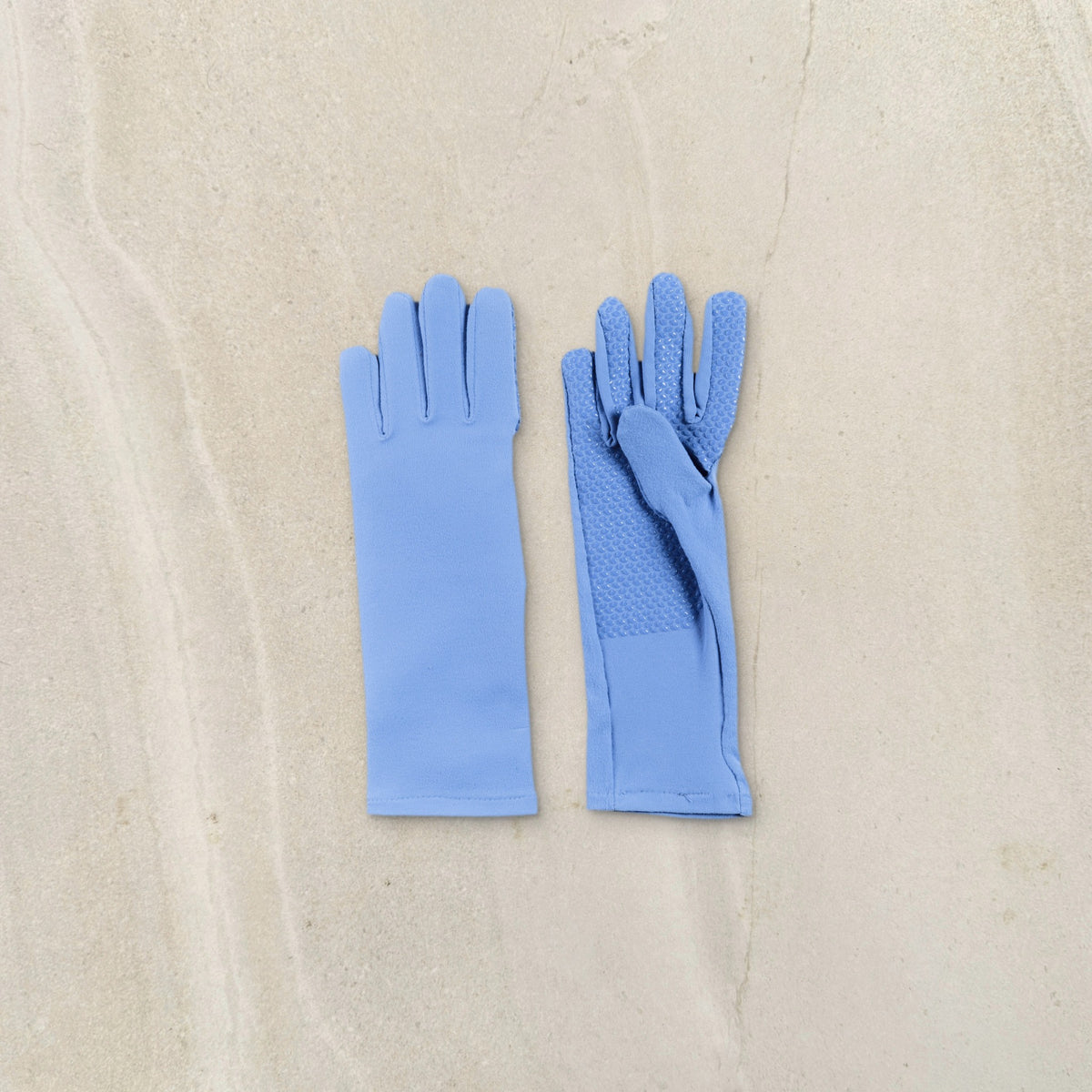 higarden mid rise gardening gloves in dewdrop blue, back and grip palm, flat lay on limestone