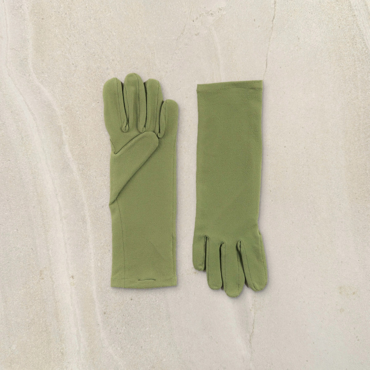 higarden mid rise gardening gloves in herb green with smooth palms, flat lay on limestone