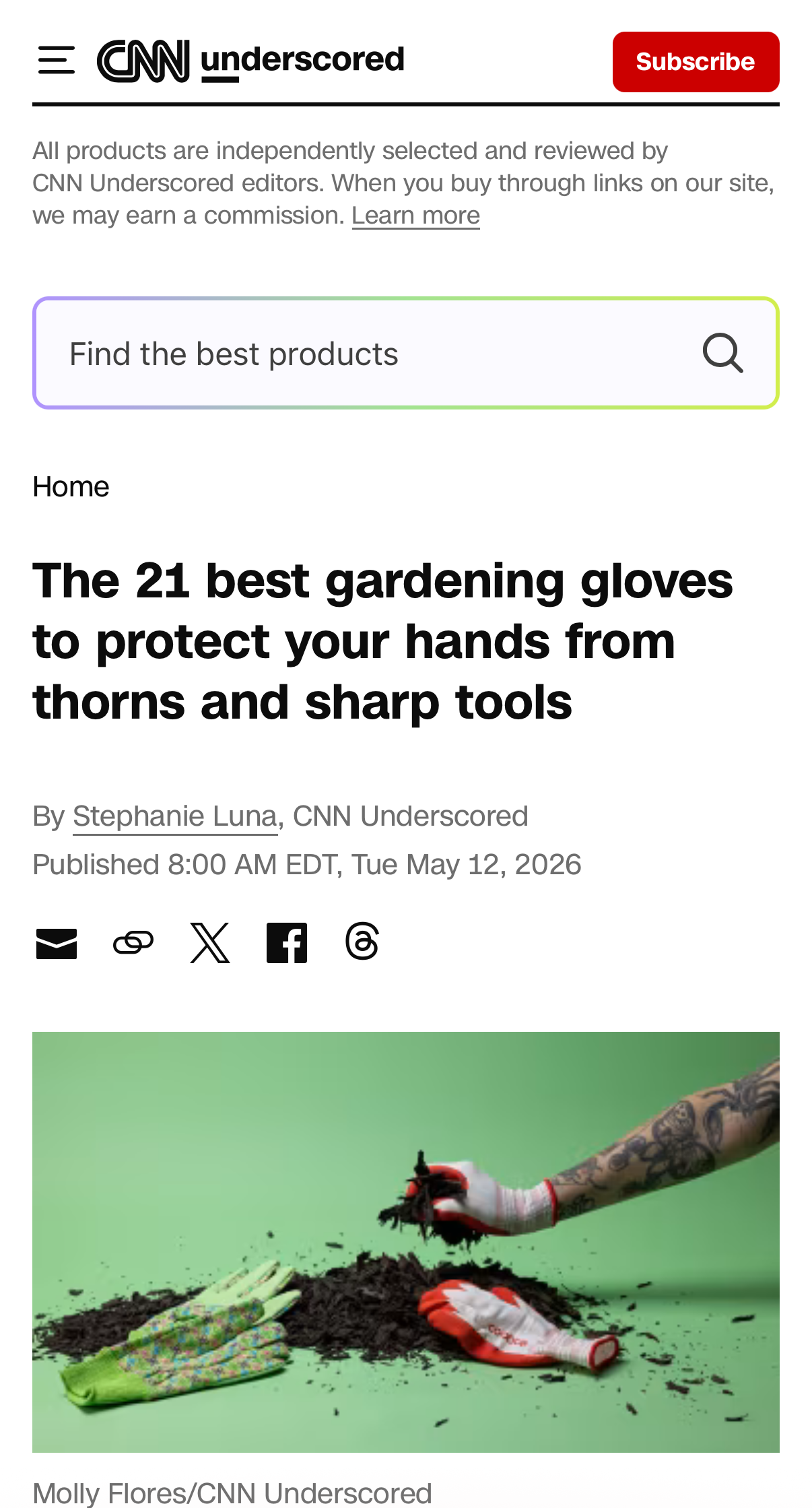 A screenshot of a CNN Underscored webpage featuring an article titled 'The 21 best gardening gloves to protect your hands from thorns and sharp tools,' with a small embedded photo of gardening gloves on green grass.