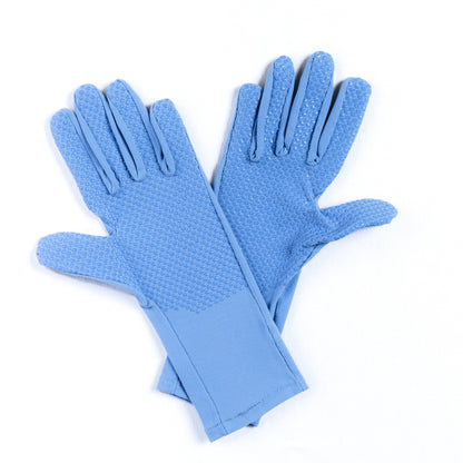 Pair of blue womens gardening gloves with grip palm on a white background