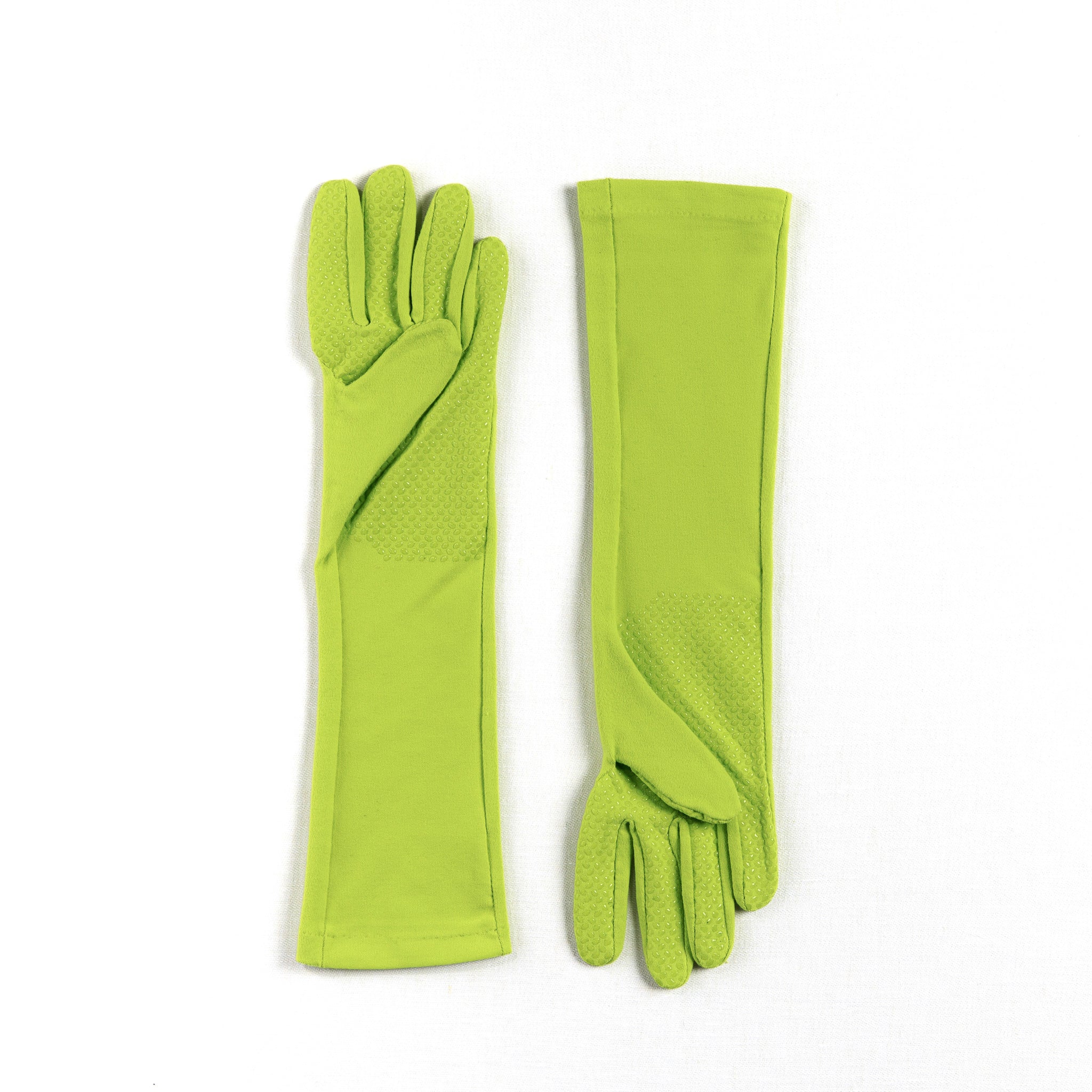 Pair of long bright green , chartrusse womens gardening gloves with grip palm on a white background