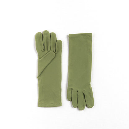 Pair of sage green gardening gloves on a white background