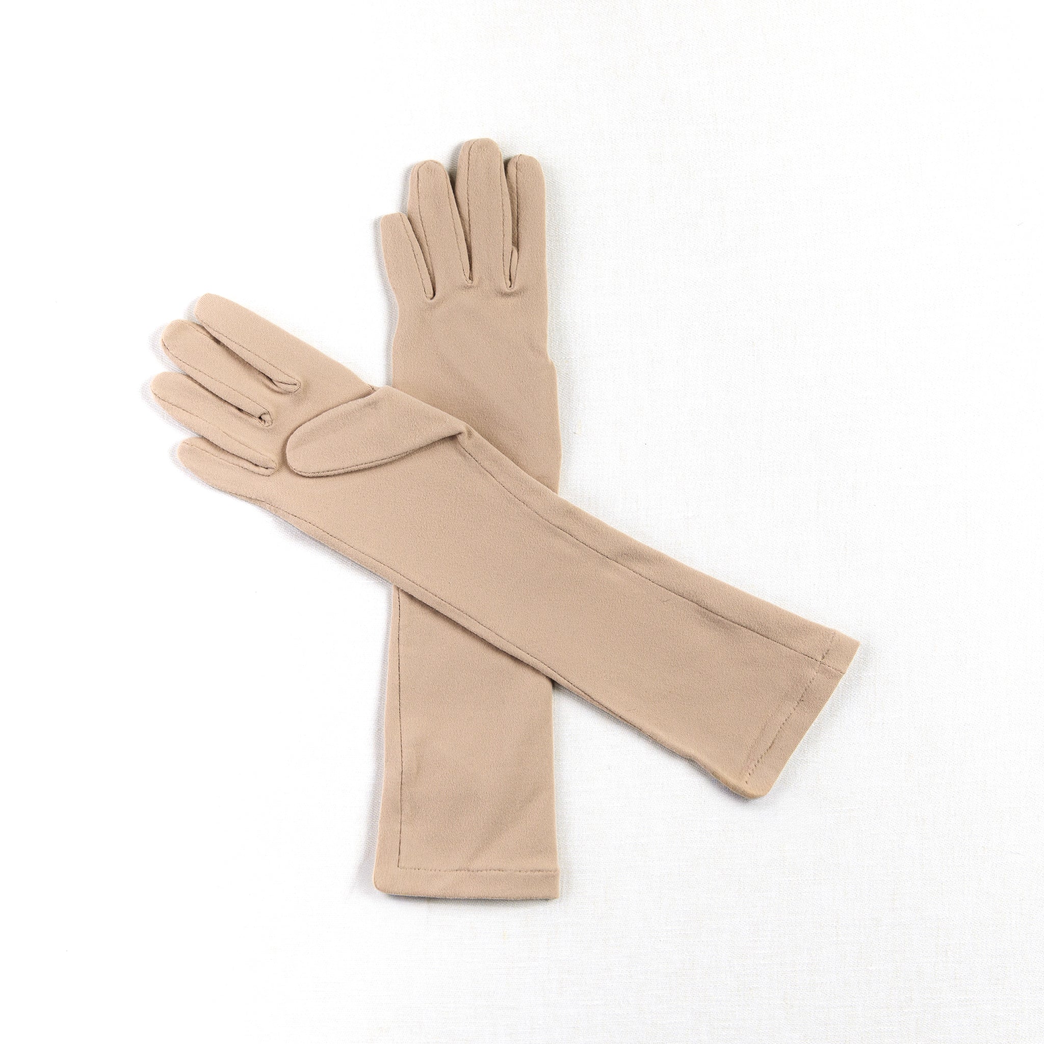Pair of long elbow-length beige womens gardening gloves with grip palm on a white background