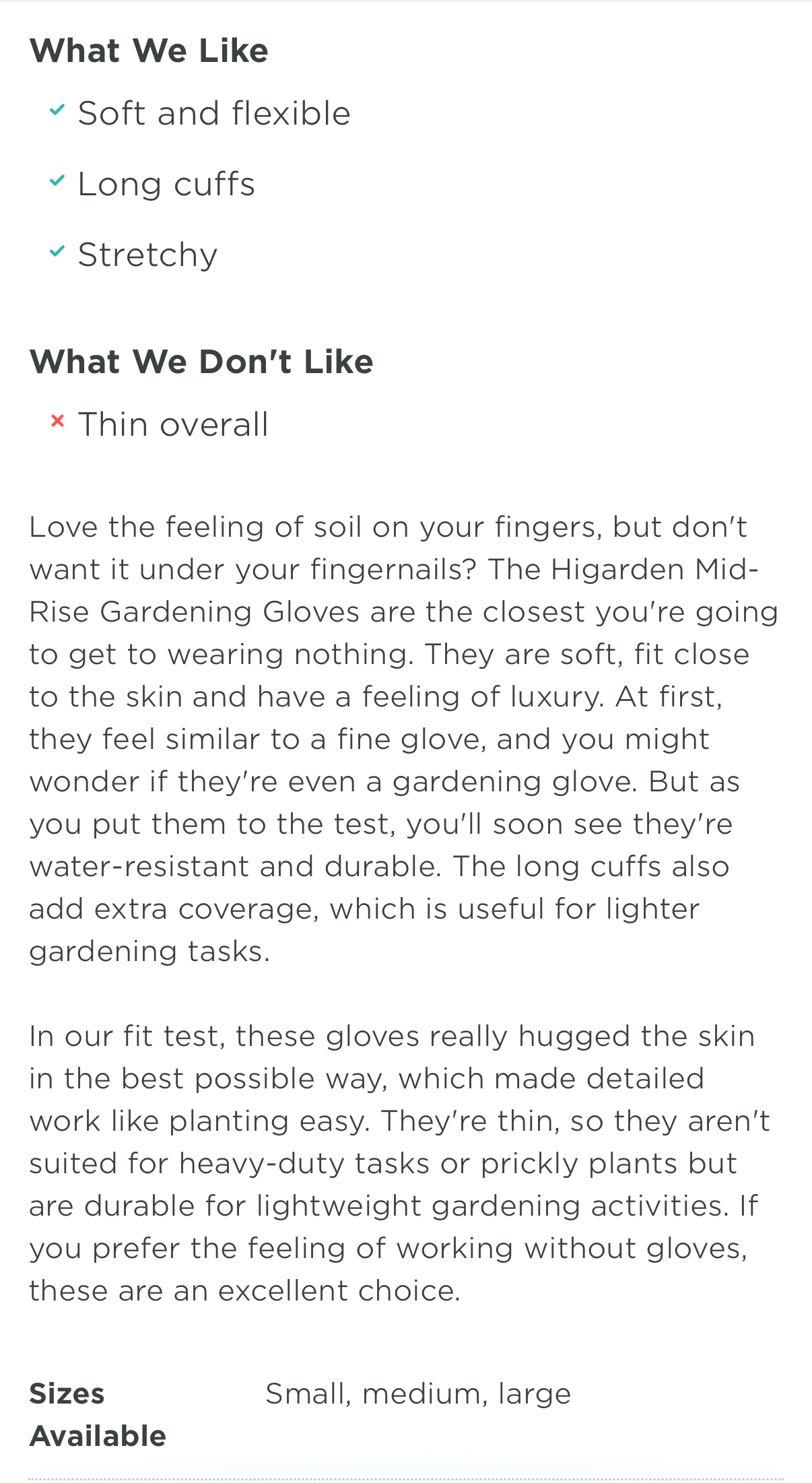 A screenshot of a mobile app showing product review text, including a size table with 'Sizes Available' and a small product photo of gardening gloves at the bottom left.