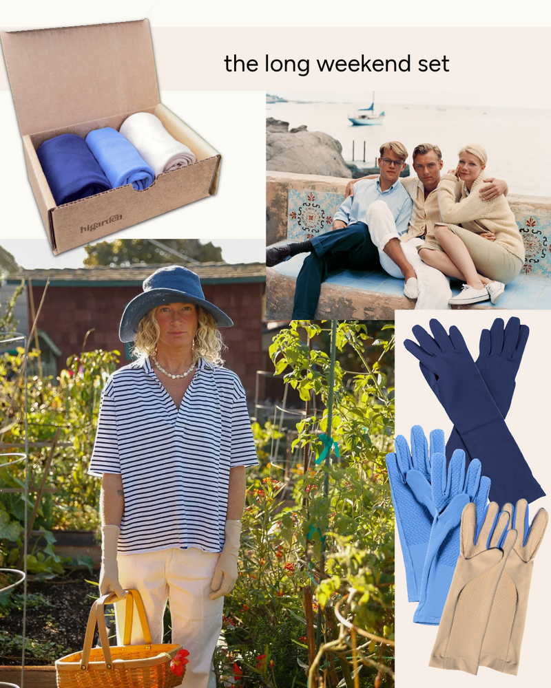 A collage promoting 'the long weekend set' showing a cardboard box of rolled garments, a woman gardening in a striped shirt and white pants, a couple sitting by the sea, and a set of blue and beige gloves.