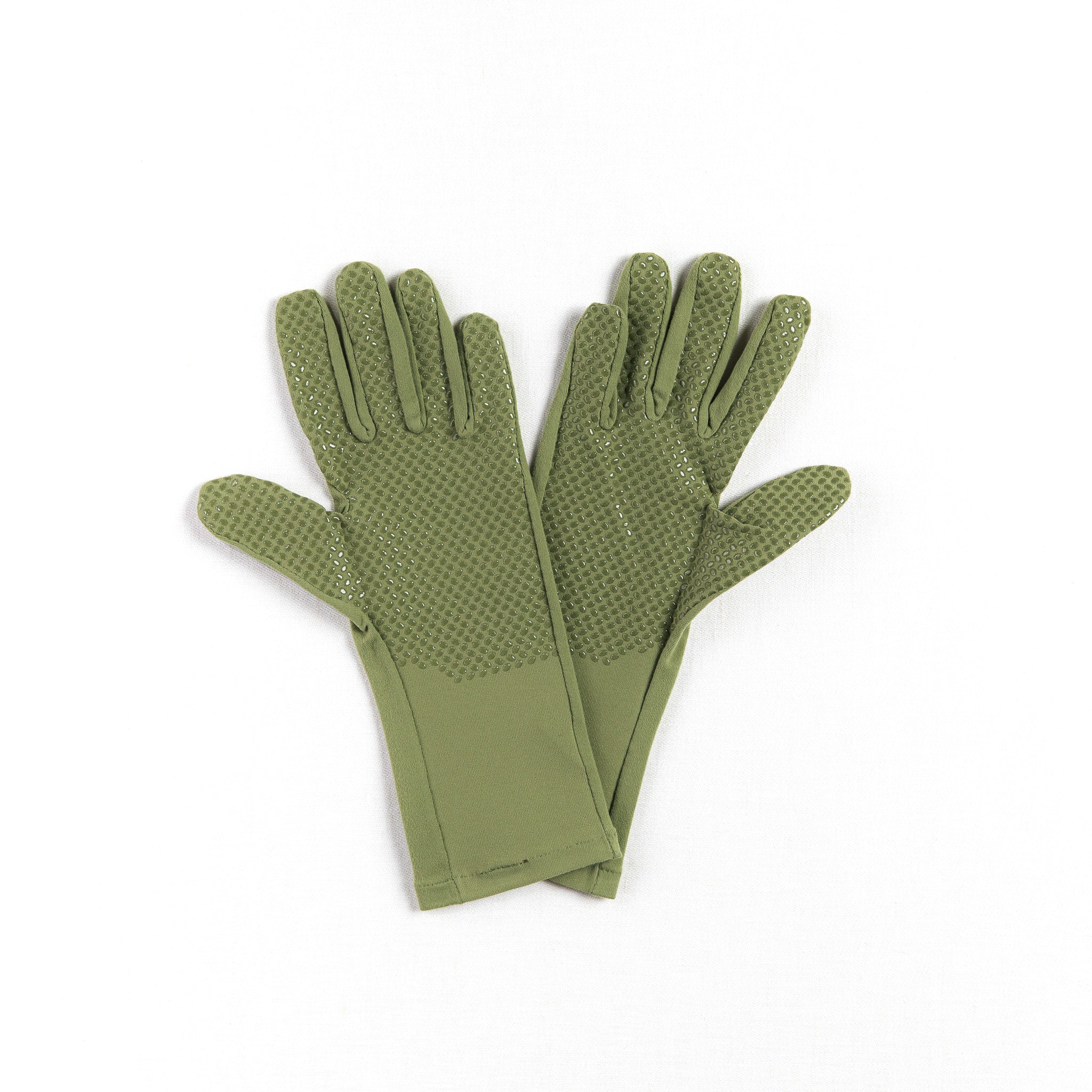 Pair of green gloves with textured palm on a white background