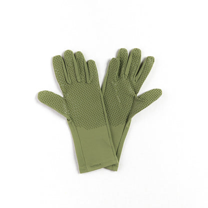 Pair of green gloves with textured palm on a white background
