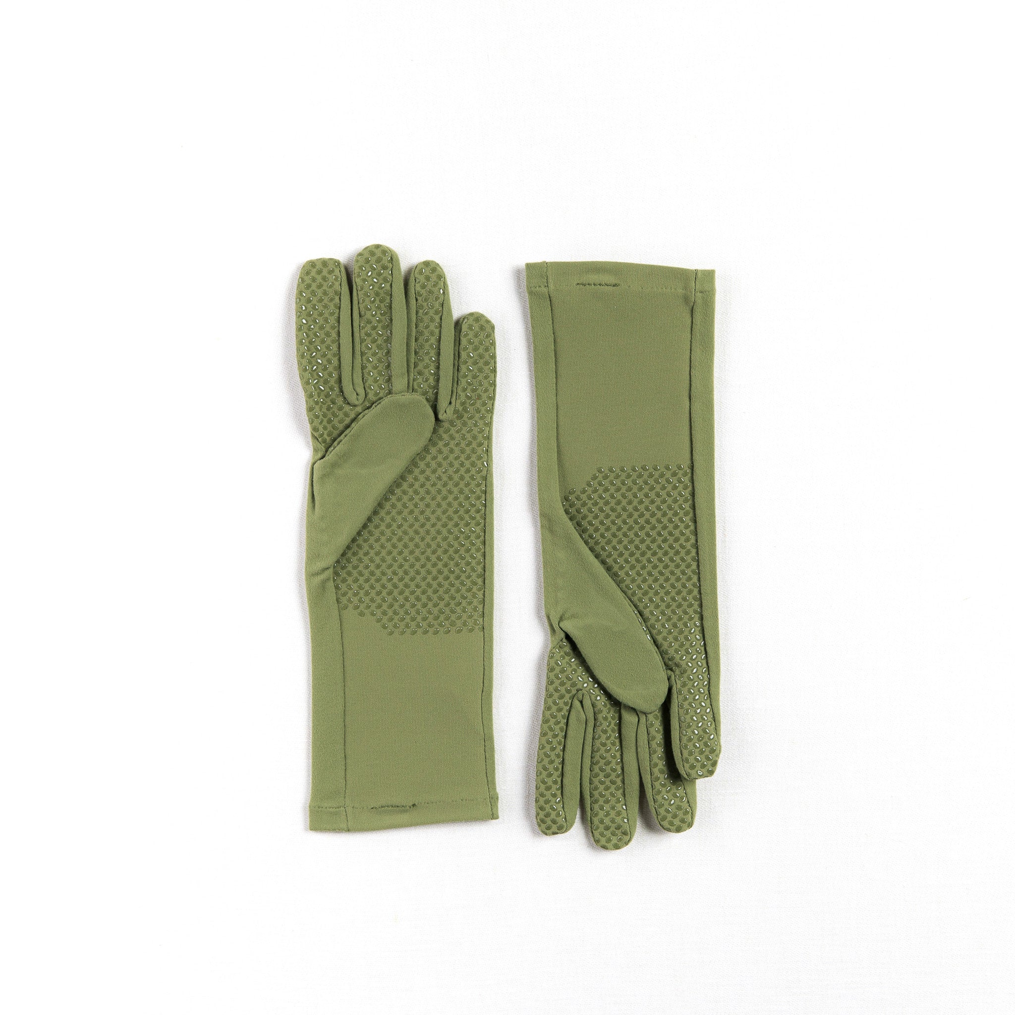 Pair of green gloves with textured palm on a white background