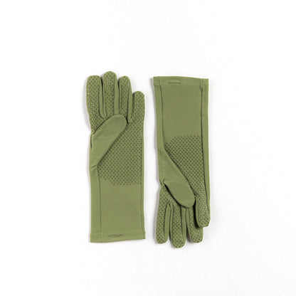 Pair of green gloves with textured palm on a white background