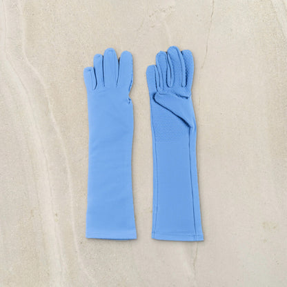 higarden high rise gardening gloves in dewdrop blue, flat lay on limestone