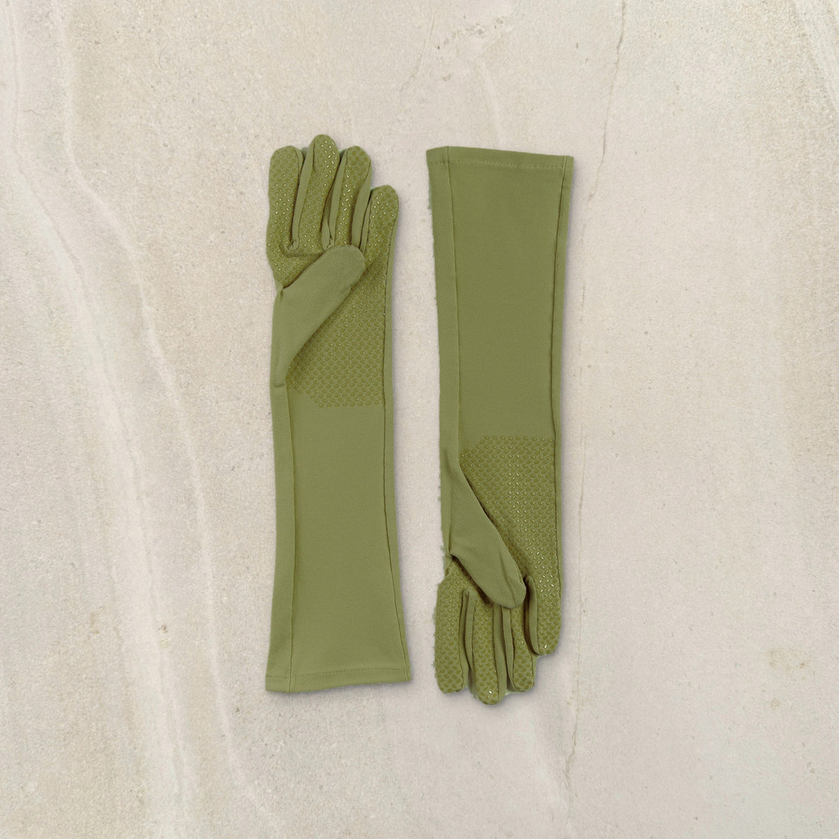 higarden high rise gardening gloves in herb green with grip palm, flat lay on limestone