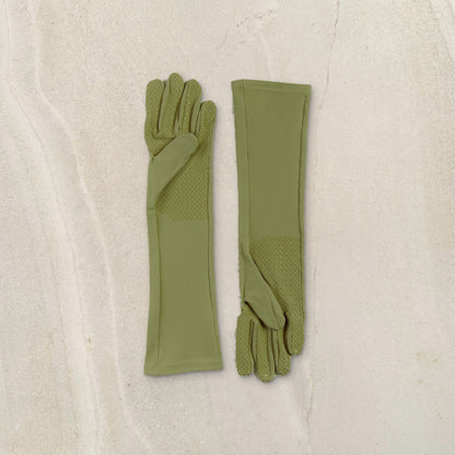higarden high rise gardening gloves in herb green with grip palm, flat lay on limestone