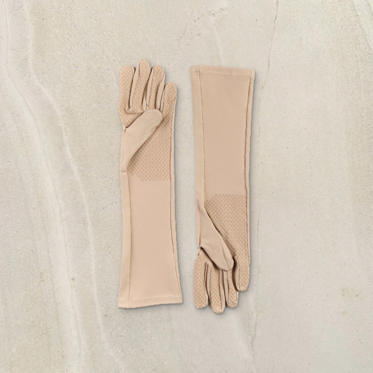 higarden high rise gardening gloves in pinenut with grip palm, flat lay on limestone