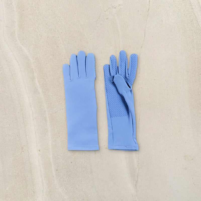 higarden mid rise gardening gloves in dewdrop blue, back and grip palm, flat lay on limestone