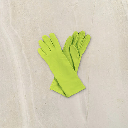 higarden mid rise gardening gloves in grass green, crossed pair showing the grip palm, on limestone