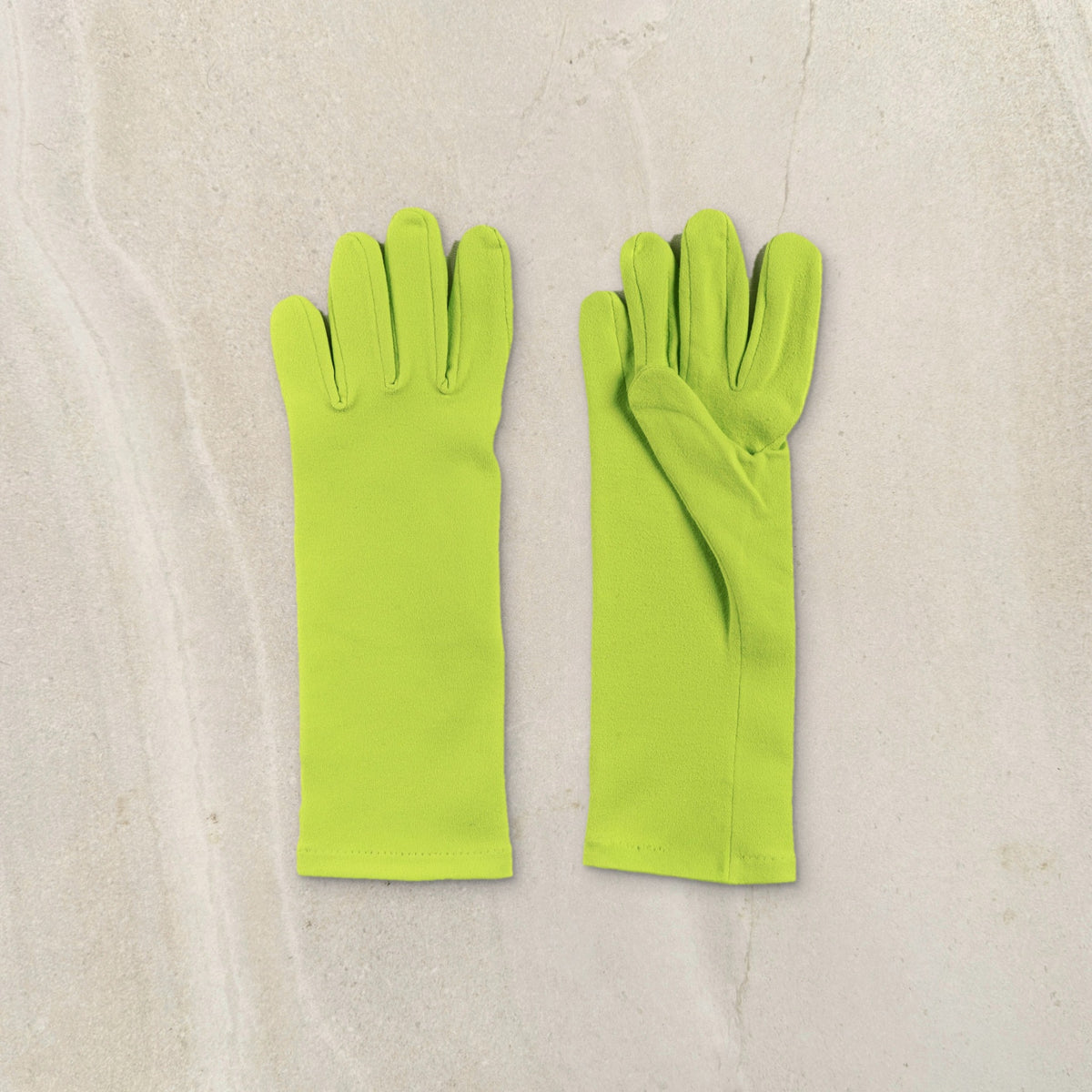 higarden mid rise gardening gloves in grass green with smooth palms, flat lay on limestone