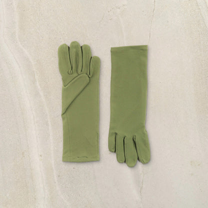 higarden mid rise gardening gloves in herb green with smooth palms, flat lay on limestone