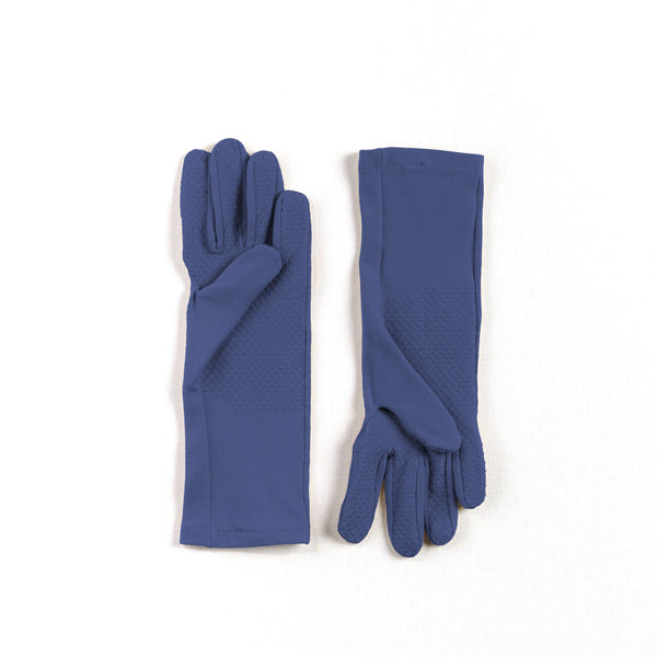 navy blue gardening gloves laying flat on a white background