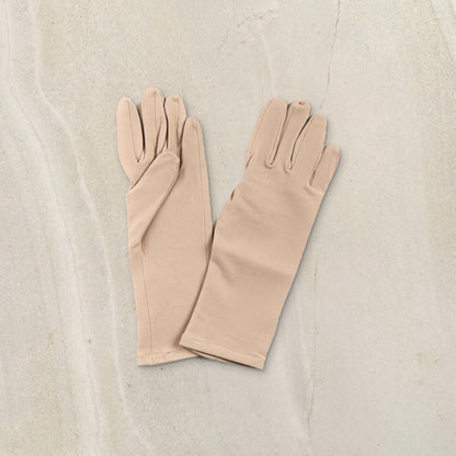 higarden mid rise gardening gloves in pinenut with smooth palms, flat lay on limestone