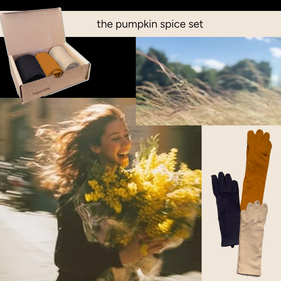 A collage promoting a 'pumpkin spice set' by Pippinetta, featuring an open cardboard box with three rolled sleeves in navy, mustard, and cream, alongside lifestyle images of a woman holding yellow flowers and long navy and cream gloves.