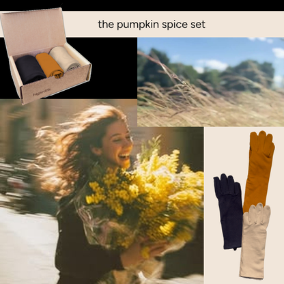 A collage promoting a 'pumpkin spice set' by Pippinetta, featuring an open cardboard box with three rolled sleeves in navy, mustard, and cream, alongside lifestyle images of a woman holding yellow flowers and long navy and cream gloves.
