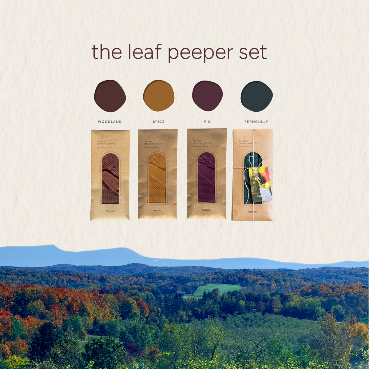The leaf peeper set featuring four tea bags with arched windows showing the tea leaves, displayed above four color swatches labeled Woodland, Spice, Fig, and Fernsoully, with a scenic autumn mountain landscape below.